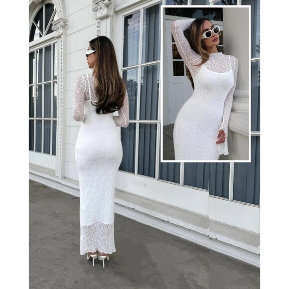 Womens Lace Dress Set Sheer Midi Maxi Long Sleeve Elegant Party Outfit - Picture 5 of 5